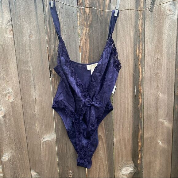 Victoria's Secret Vintage Navy Blue Brocade Satin Body Romper Small - Picture 1 of 9